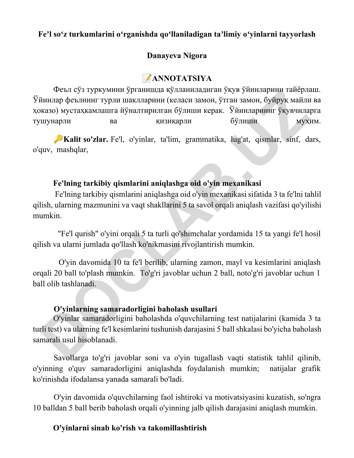 Fe'l so'z turkumlarini o'rganishda qo'llaniladigan ta'limiy o'yinlar
