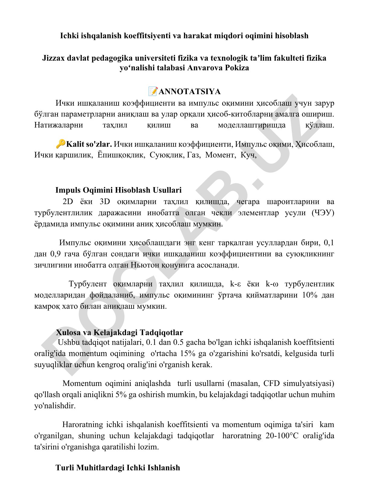 Ichki ishqalanish koeffitsiyenti va impuls oqimini hisoblash