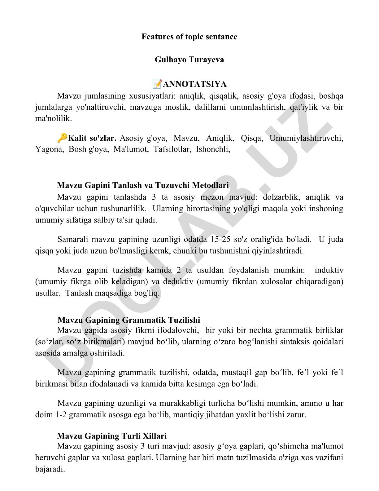 Mavzu jumlasining xususiyatlari va tuzilishi
