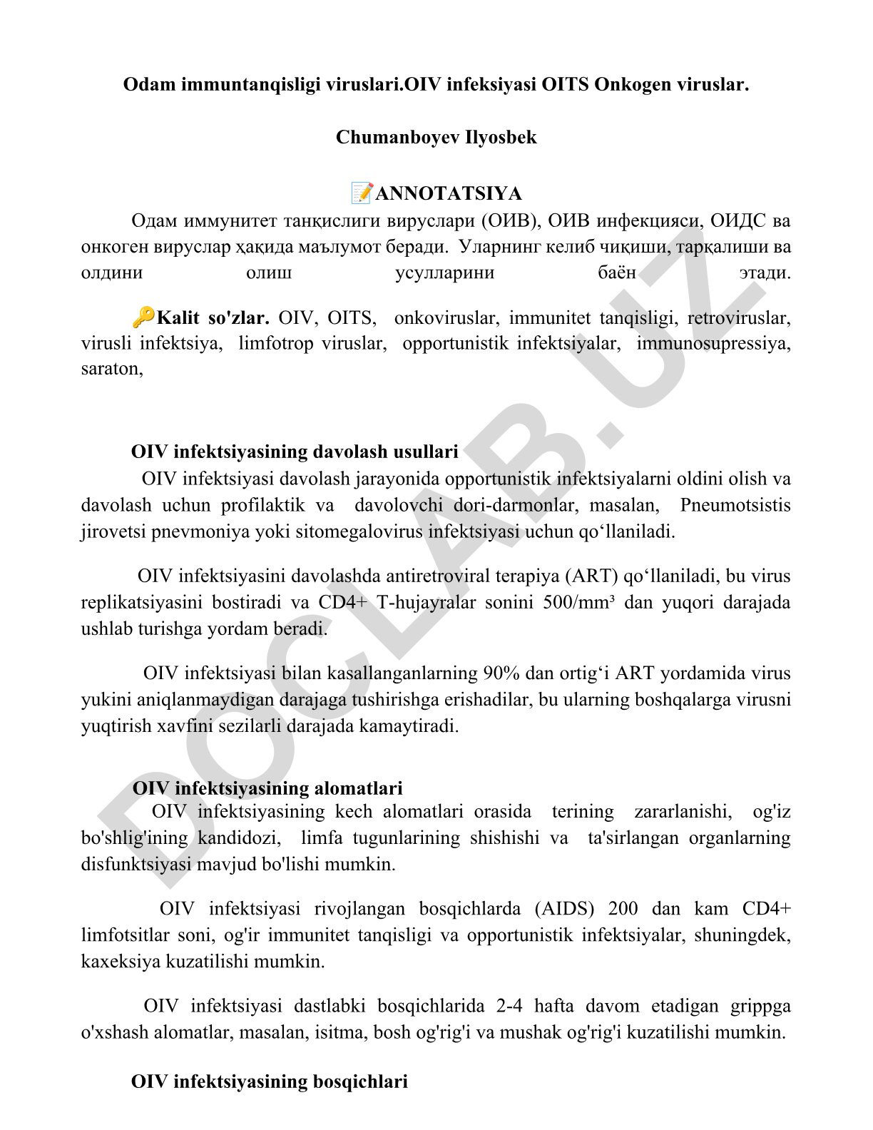 Odam immunitet tanqisligi viruslari, OIV infektsiyasi, OITS va onkogen viruslar