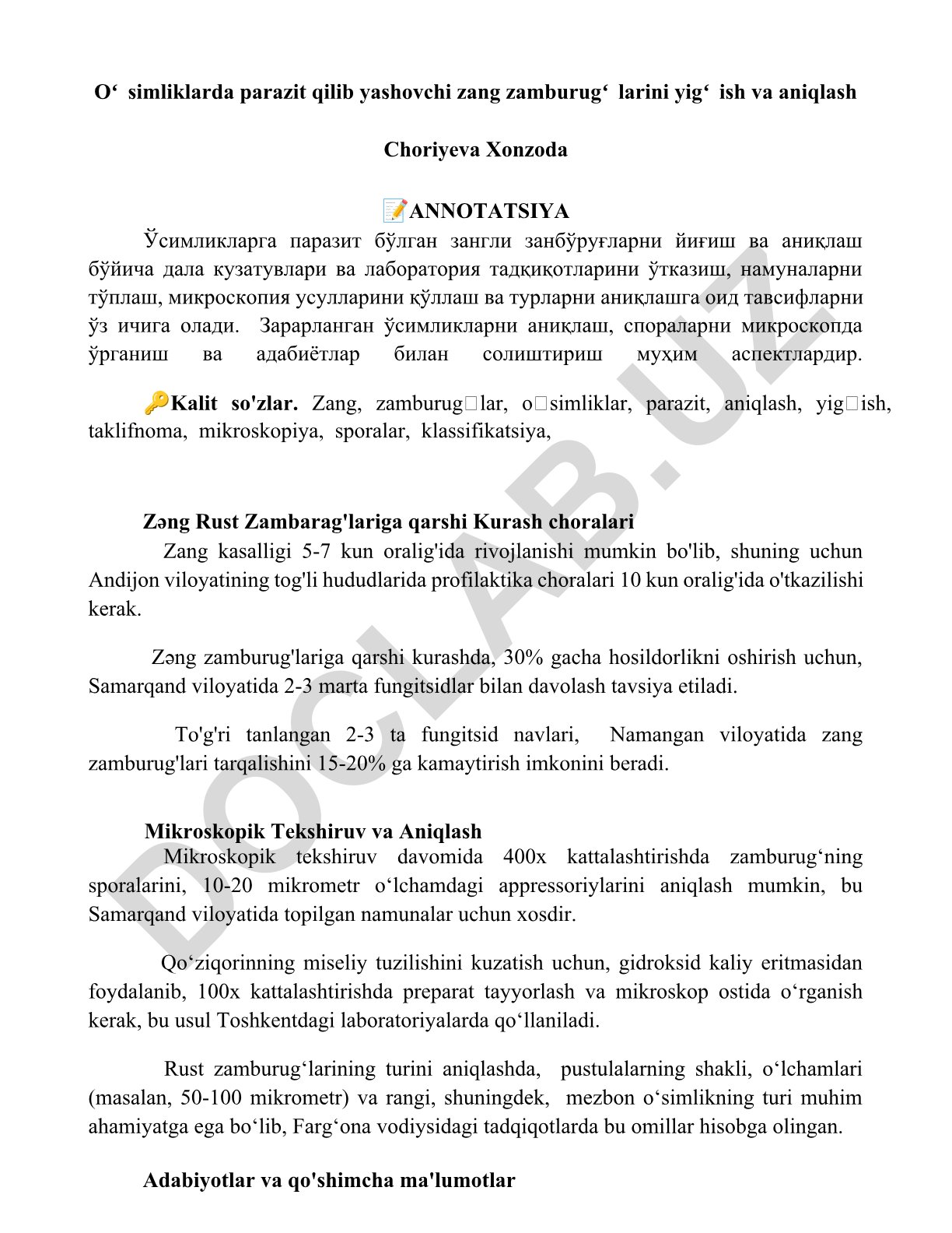 Oʻsimliklarda parazit qilib yashovchi zang zamburugʻlarini yigʻish va aniqlash