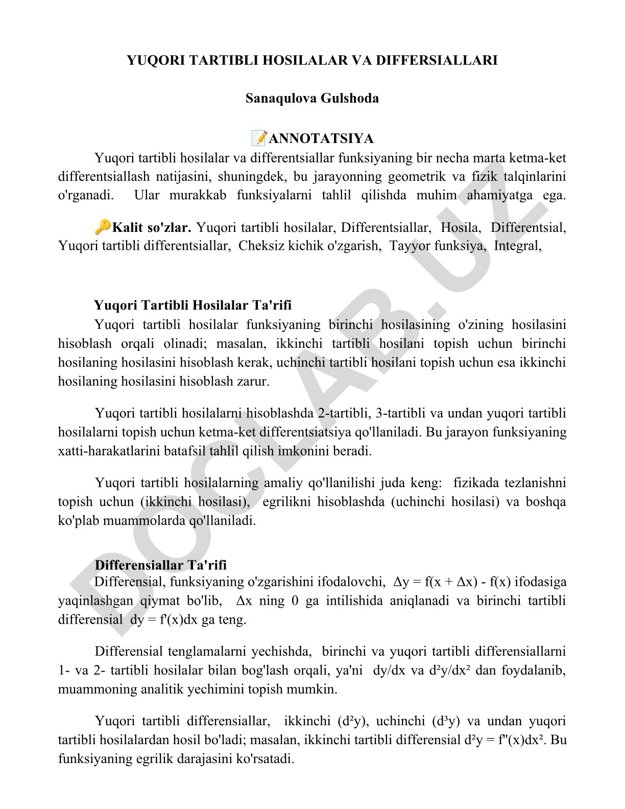 Yuqori tartibli hosilalar va differentsiallar