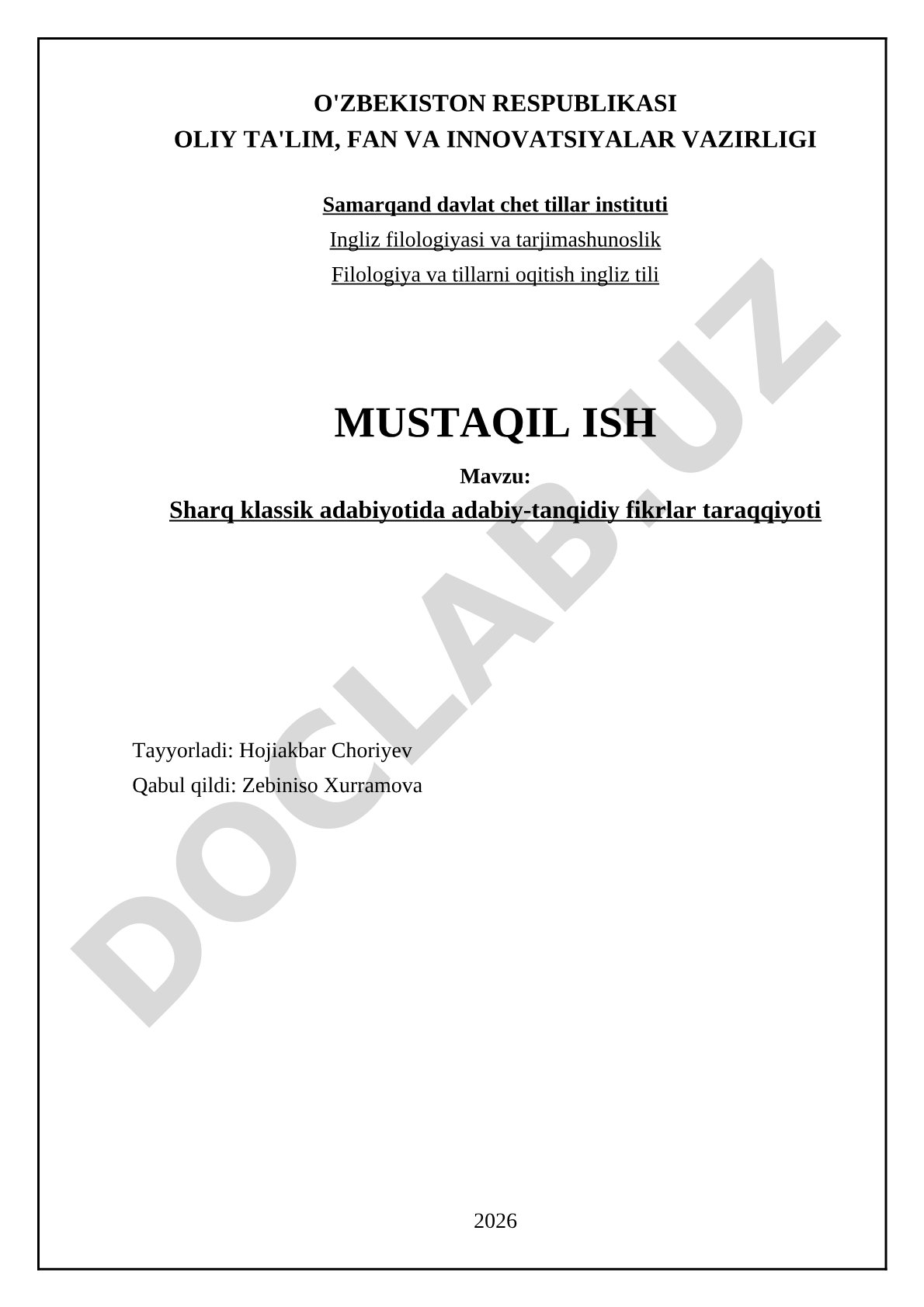 Sharq klassik adabiyotida adabiy-tanqidiy fikrlar taraqqiyoti