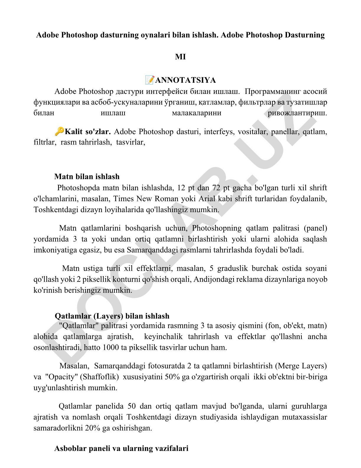 Adobe Photoshop dasturi interfeysi va asosiy funksiyalari