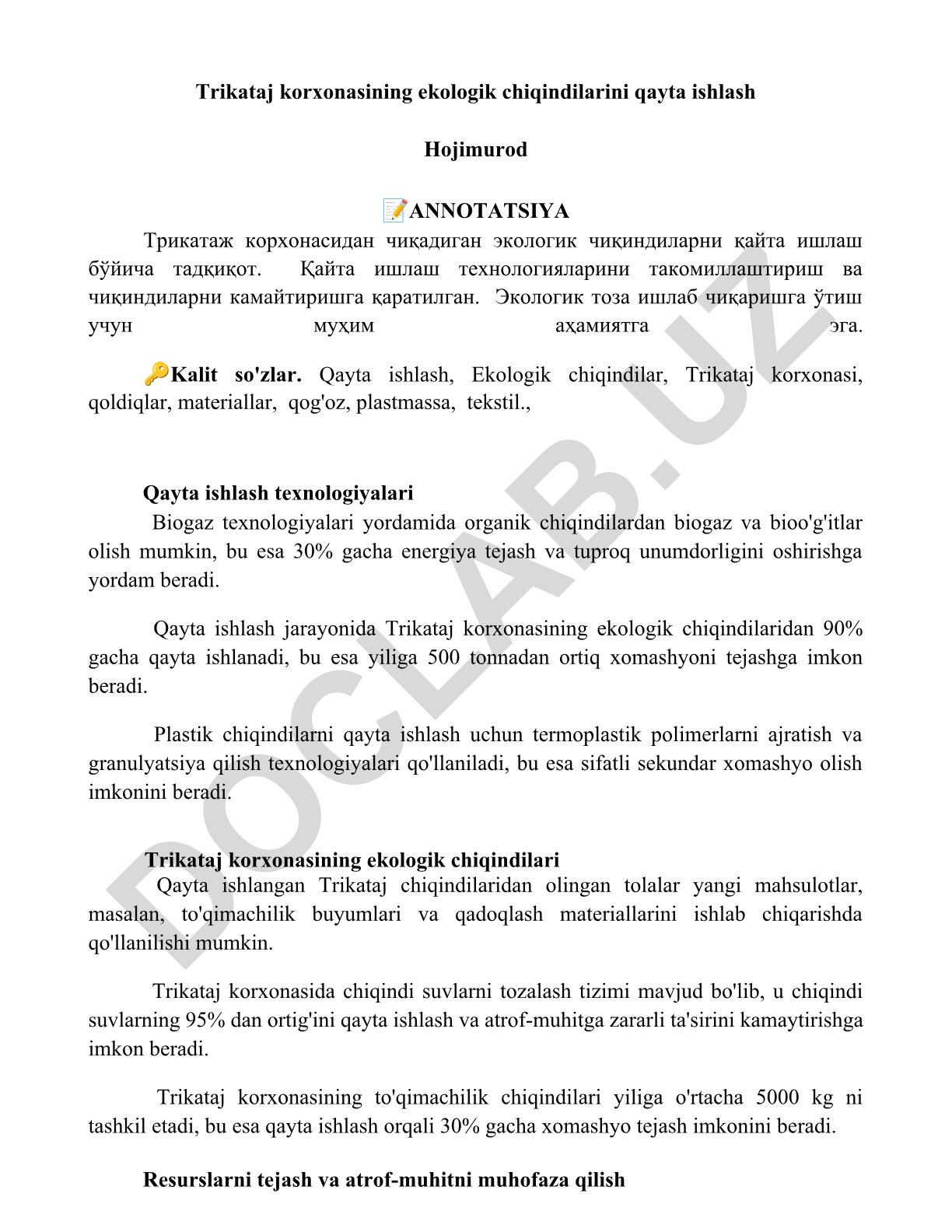 Trikataj korxonasining ekologik chiqindilarini qayta ishlash