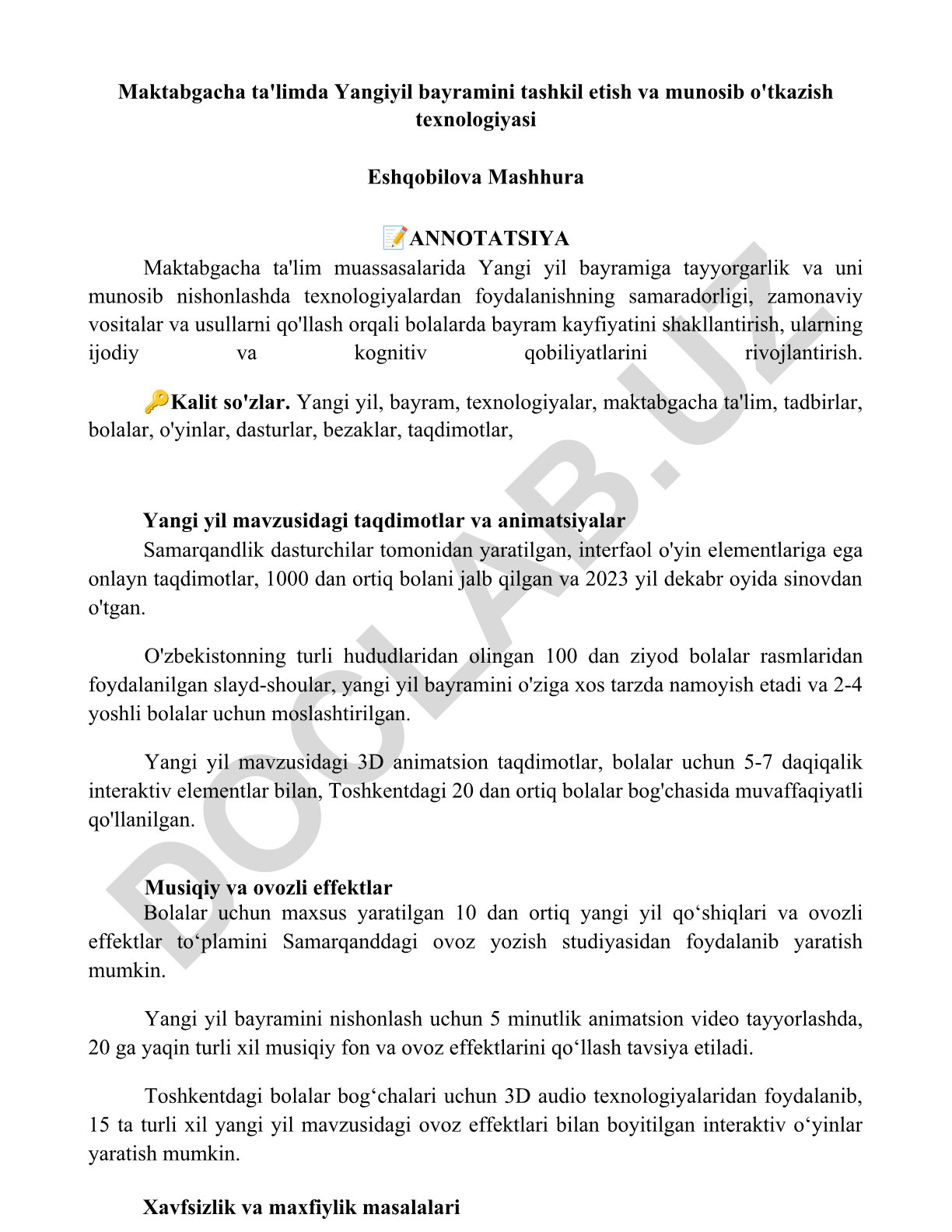 Maktabgacha ta'limda Yangiyil bayramini tashkil etish va munosib o'tkazish texnologiyasi