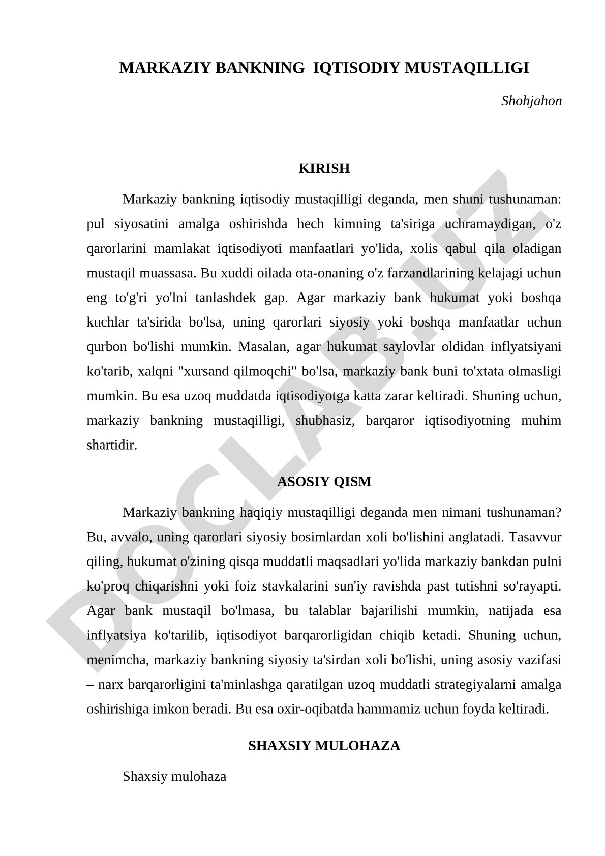 Markaziy bankning iqtisodiy mustaqilligi