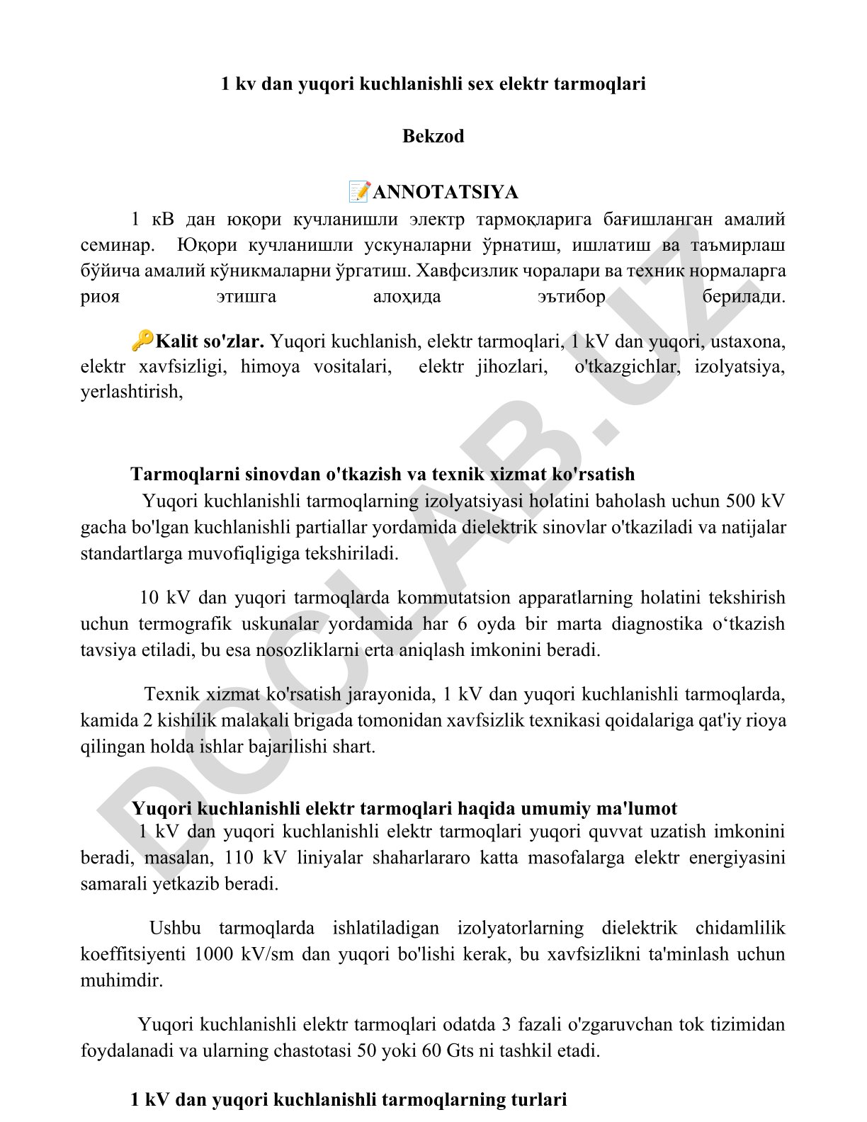 1 kV dan yuqori kuchlanishli sex elektr tarmoqlari