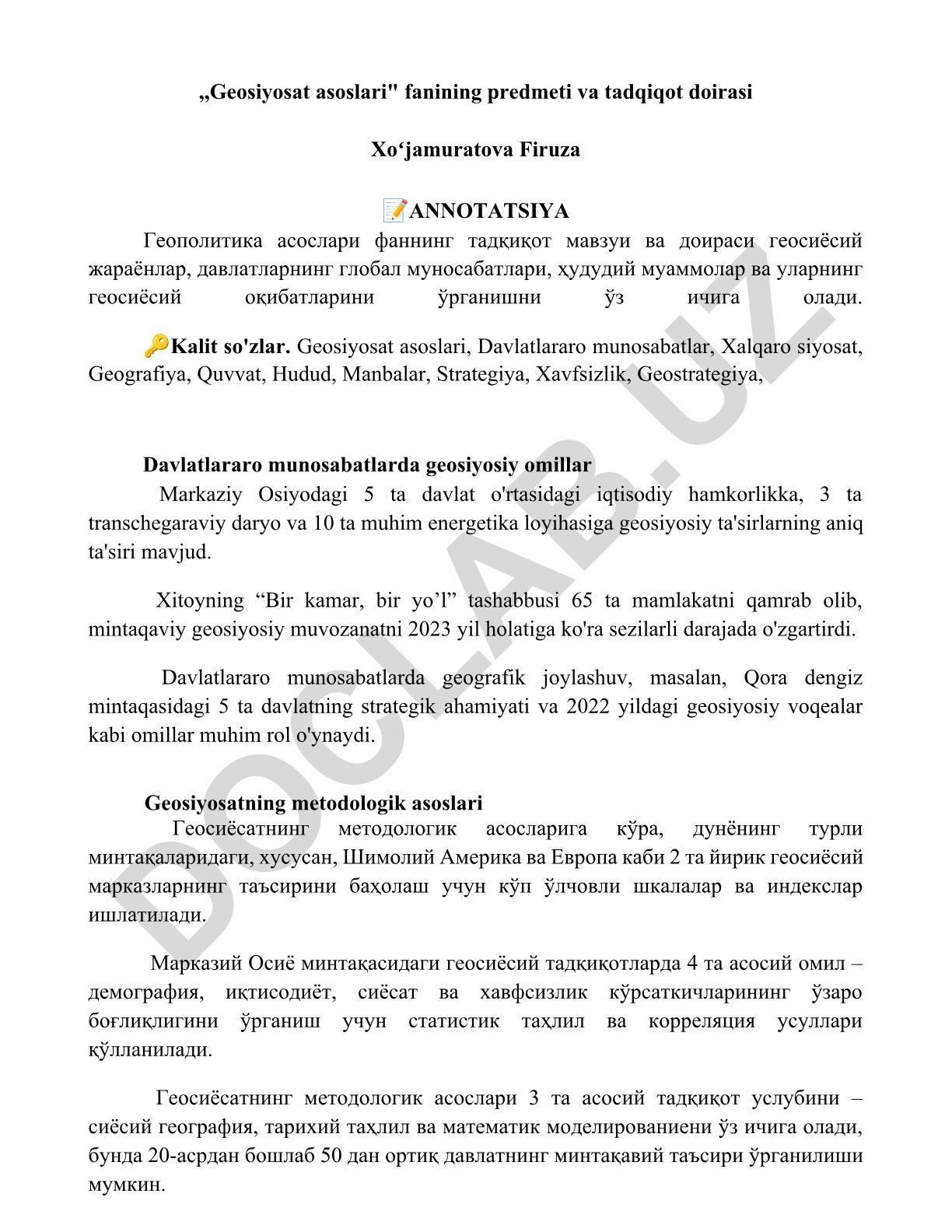 Geosiyosat asoslari fanining predmeti va tadqiqot doirasi