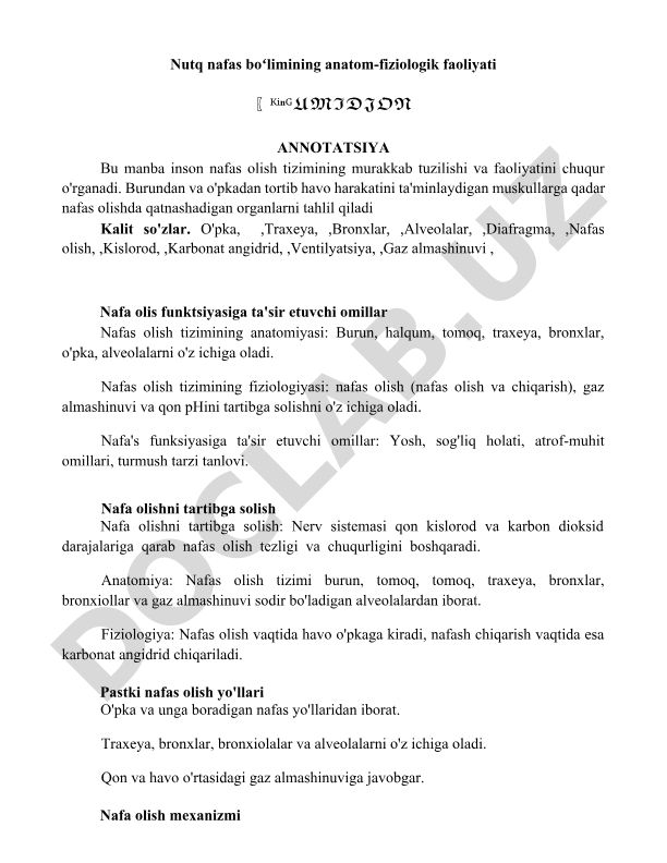 Inson nafas olish tizimining anatom-fiziologik faoliyati