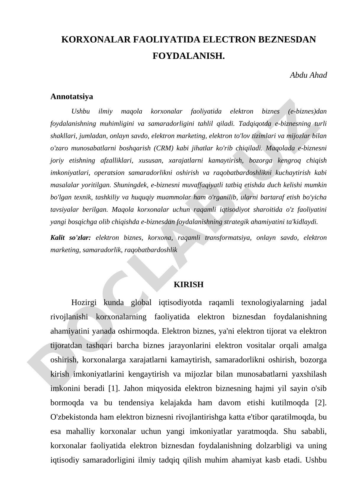 Korxonalar faoliyatida elektron biznesdan foydalanish