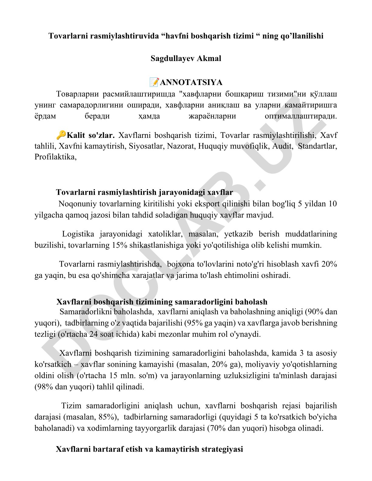 Tovarlarni rasmiylashtirishda xavflarni boshqarish tizimining qo'llanilishi