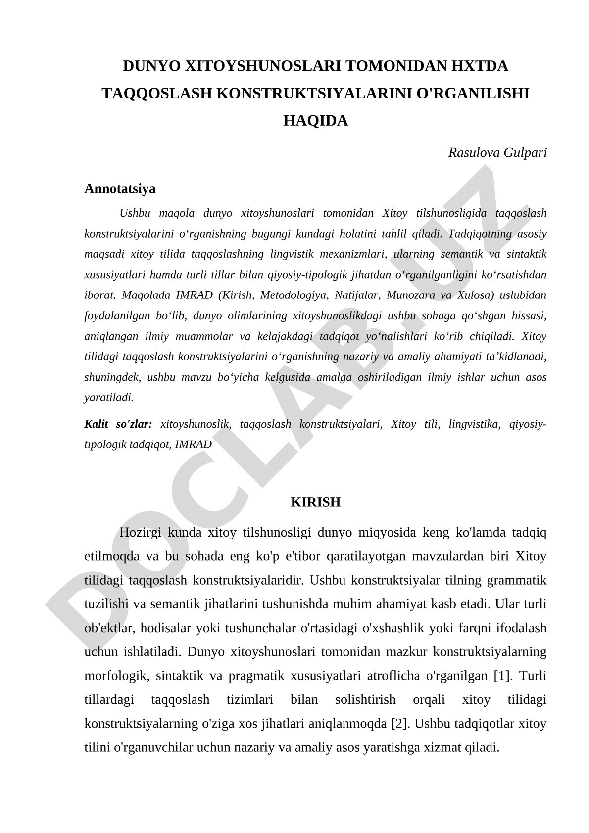 Dunyo xitoyshunoslari tomonidan HXTda taqqoslash konstruktsiyalarini o'rganilishi haqida