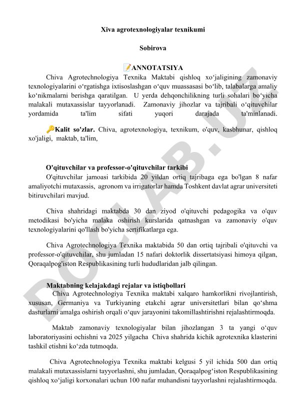 Xiva agrotexnologiyalar texnikumi haqida ma'lumot