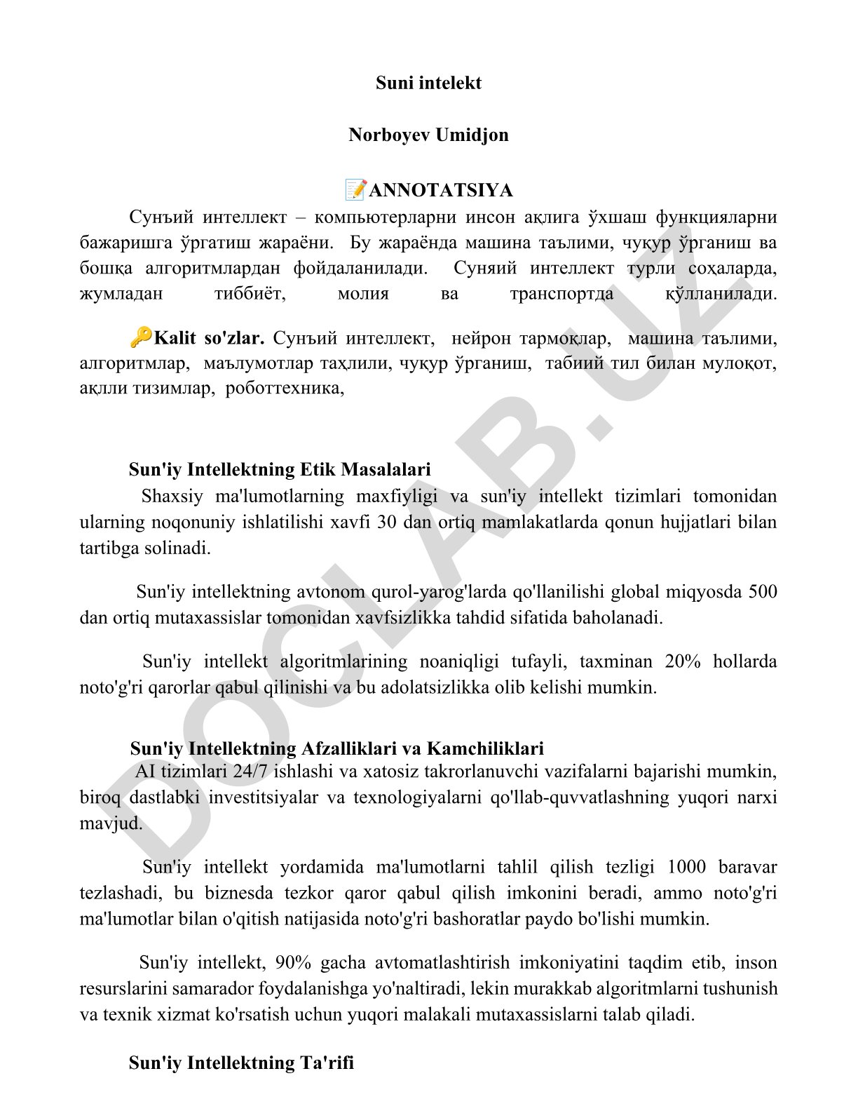 Sun'iy intellektning afzalliklari, kamchiliklari va etik masalalari