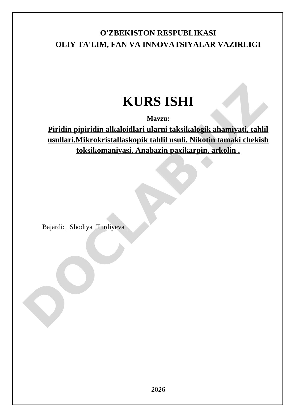 Piridin pipiridin alkaloidlari ularni taksikalogik ahamiyati, tahlil usullari