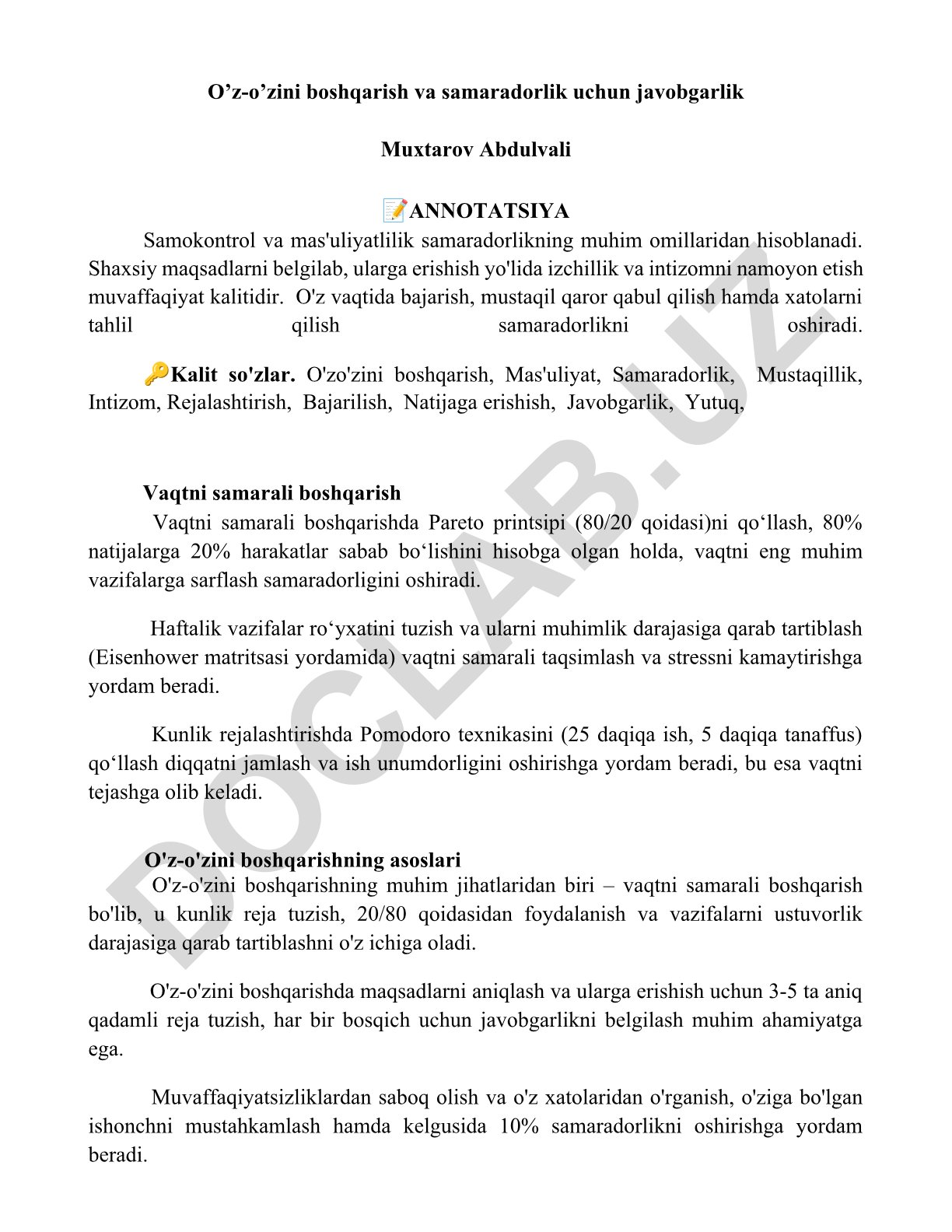 O'z-o'zini boshqarish va samaradorlik uchun javobgarlik