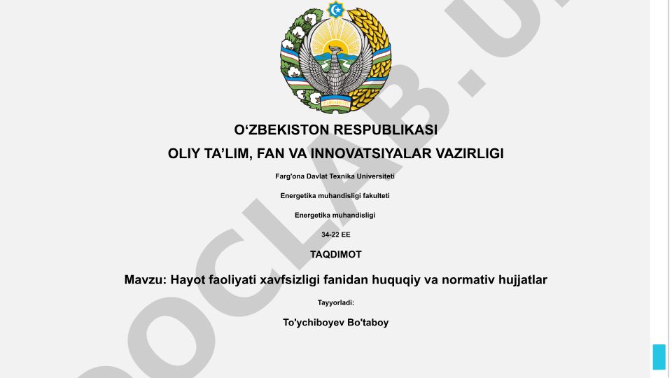 Hayot faoliyati xavfsizligi fanidan huquqiy va normativ hujjatlar