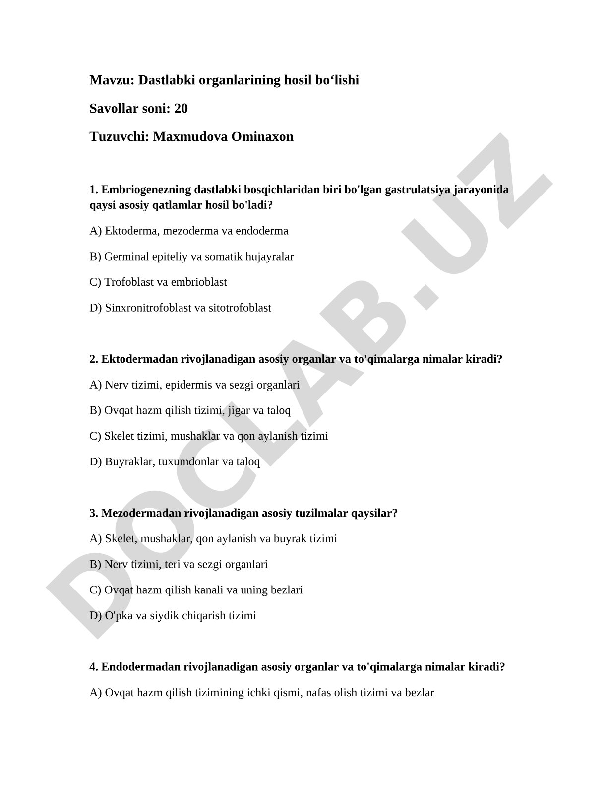 Dastlabki organlarining hosil boʻlishi