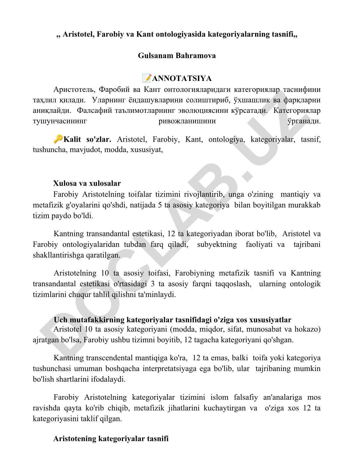 Aristotel, Farobiy va Kant ontologiyasida kategoriyalarning tasnifi
