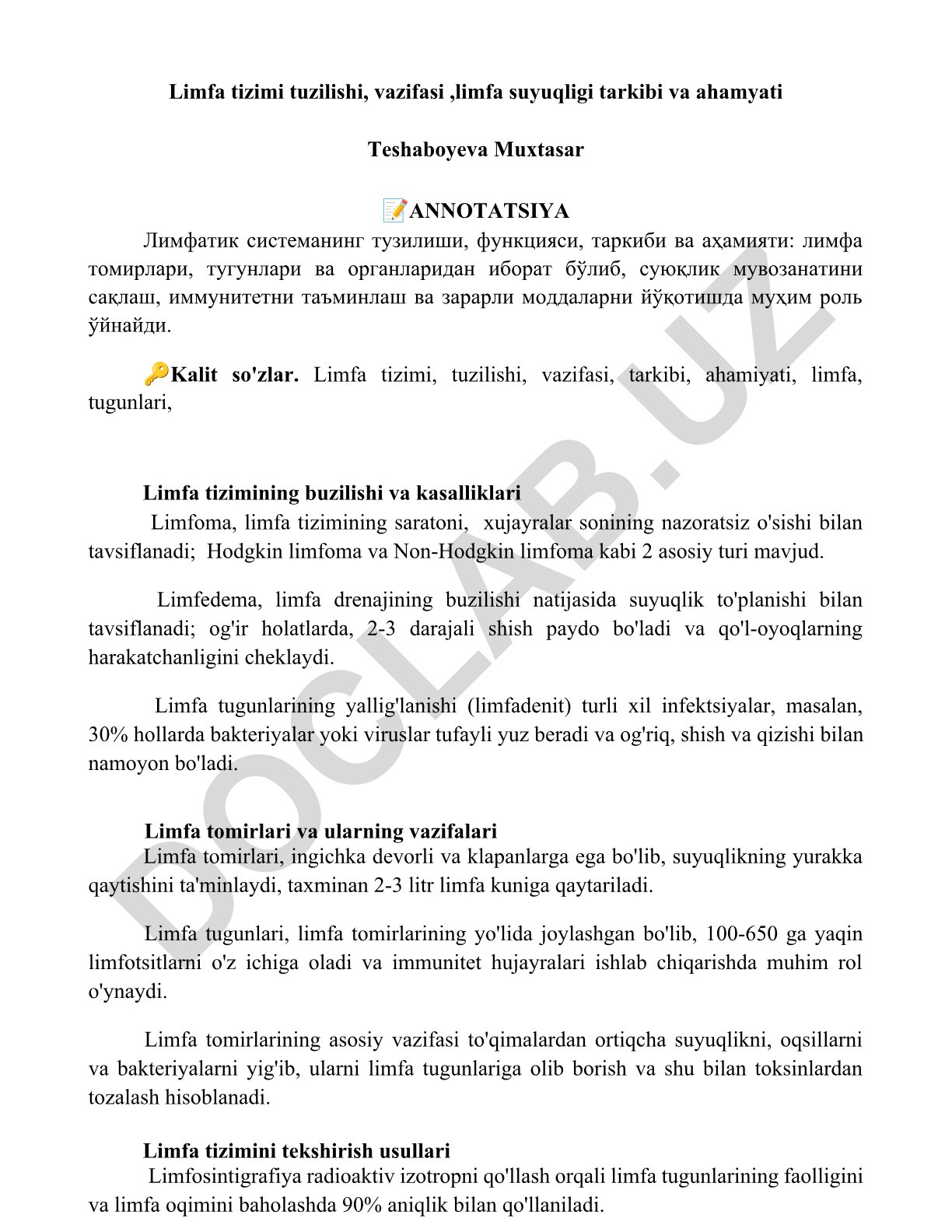 Limfa tizimi tuzilishi, vazifasi, limfa suyuqligi tarkibi va ahamiyati