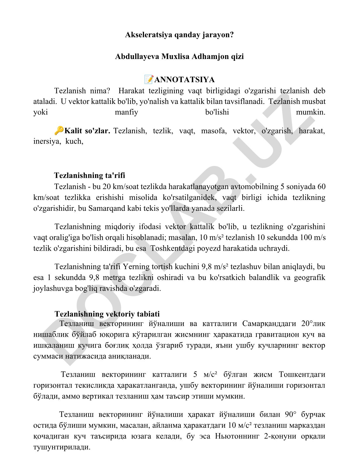 Tezlanishning fizik tushunchasi va uning hisoblash usullari