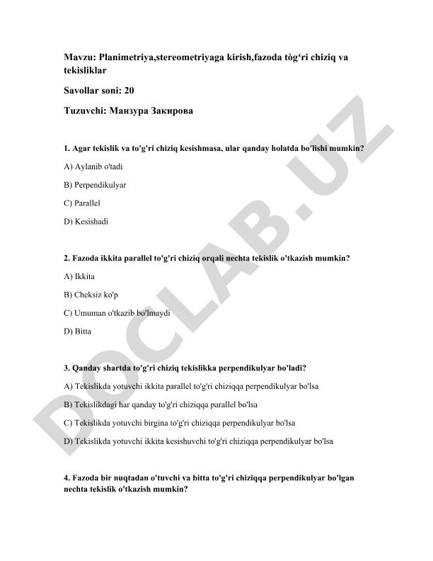 Planimetriya, stereometriyaga kirish, fazoda to'g'ri chiziq va tekisliklar