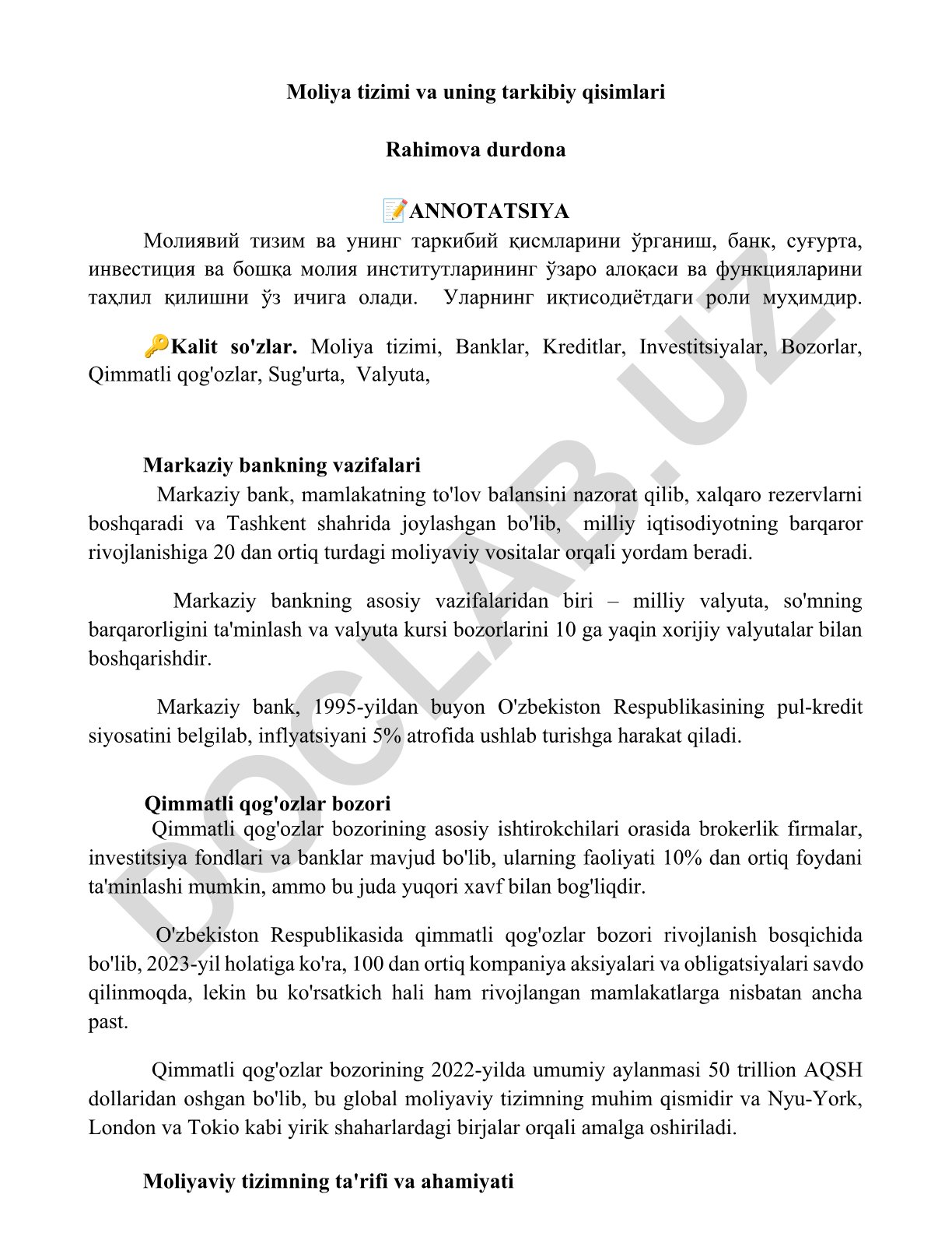 Moliya tizimi va uning tarkibiy qisimlari