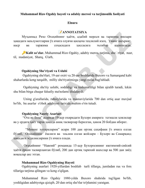 Muhammad Rizo Ogahiy hayoti, adabiy merosi va tarjimonlik faoliyati