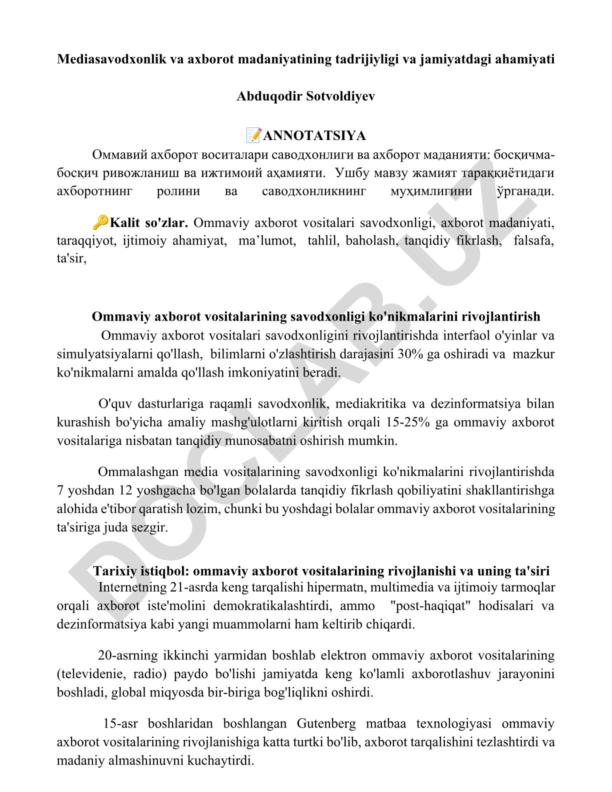 Mediasavodxonlik va axborot madaniyatining tadrijiyligi va jamiyatdagi ahamiyati