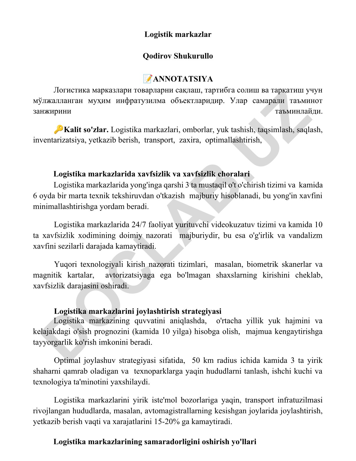 Logistika markazlarida xavfsizlik choralari va joylashtirish strategiyasi