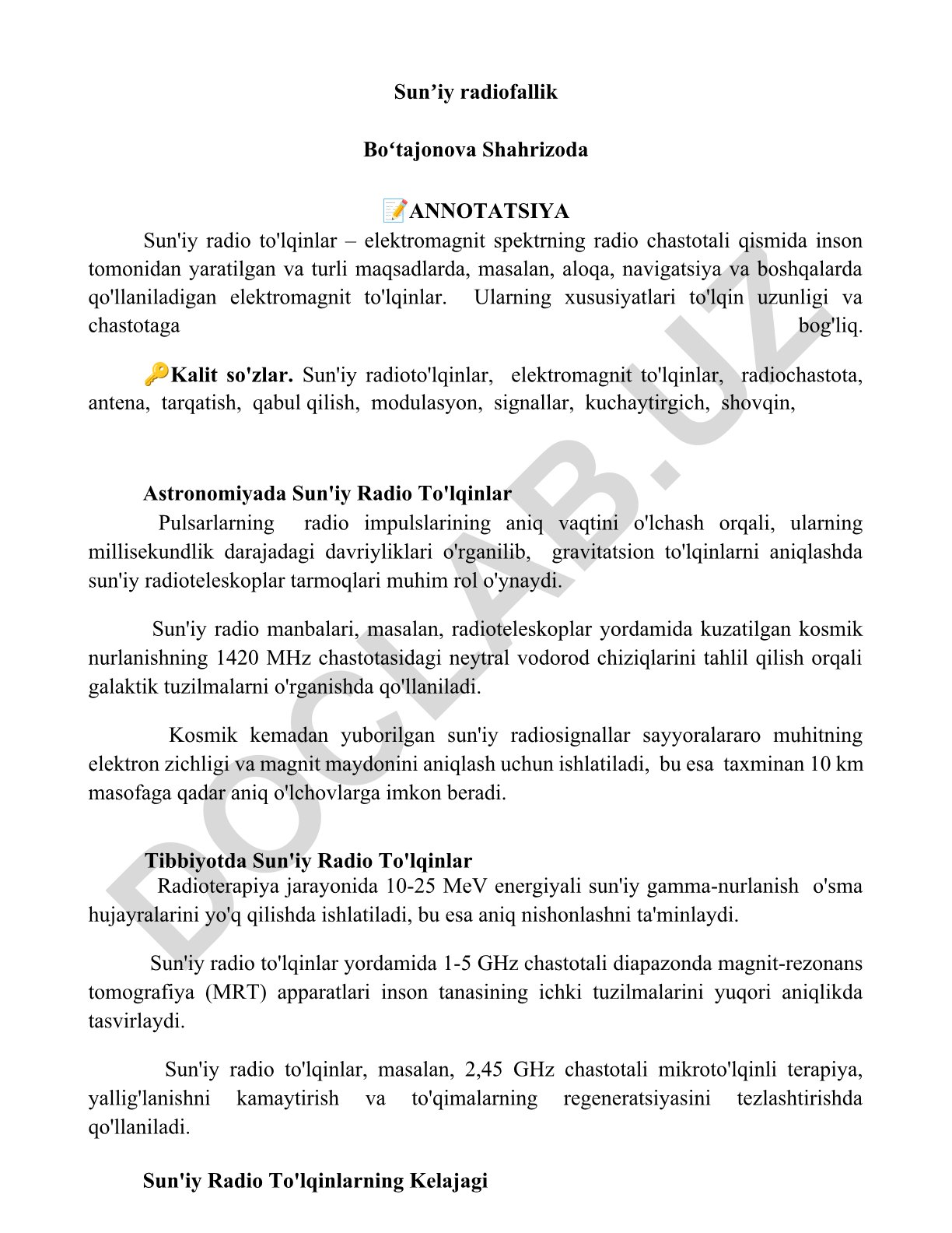 Sun'iy radio to'lqinlar va ularning astronomiya va tibbiyotdagi qo'llanilishi