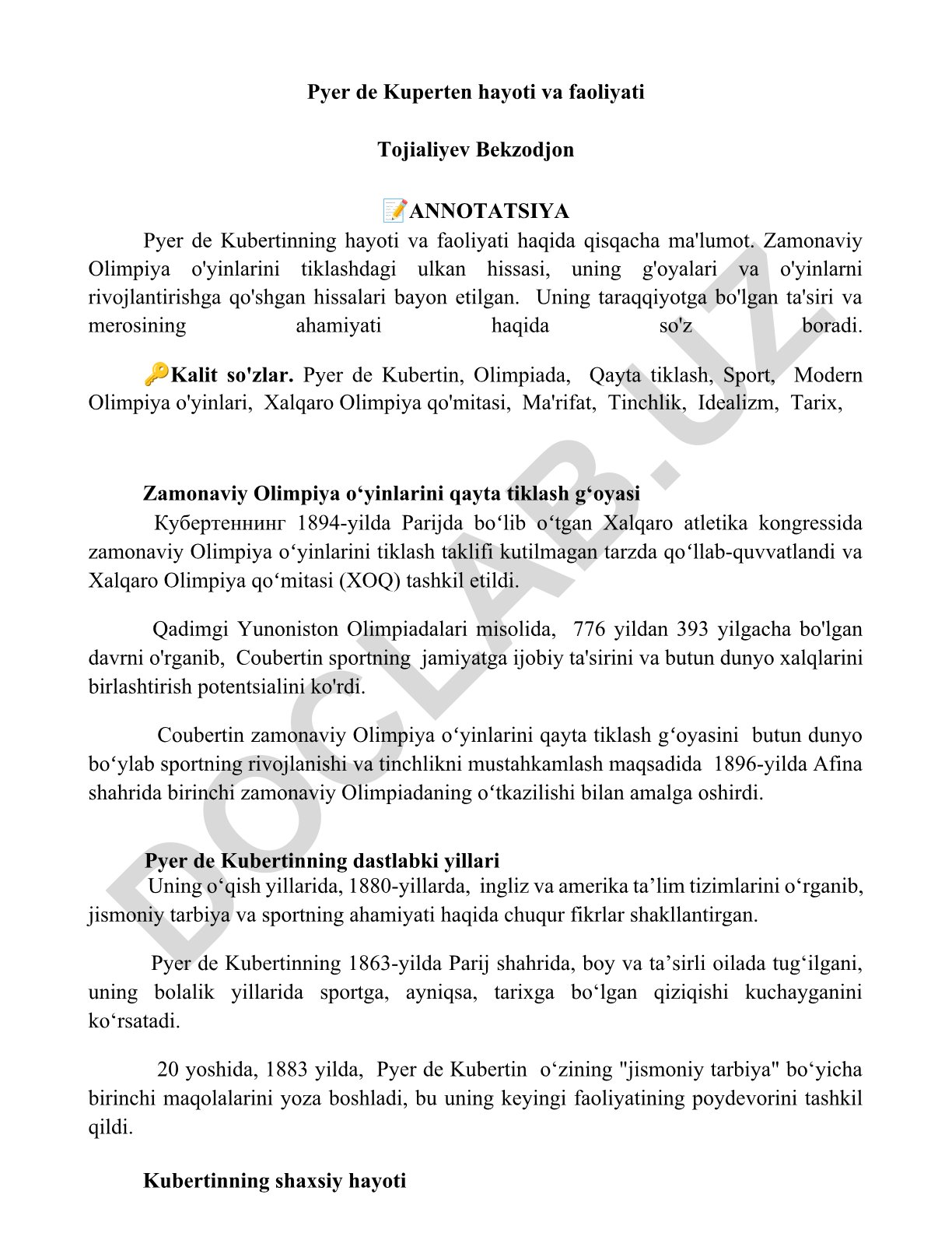 Pyer de Kuperten hayoti va faoliyati