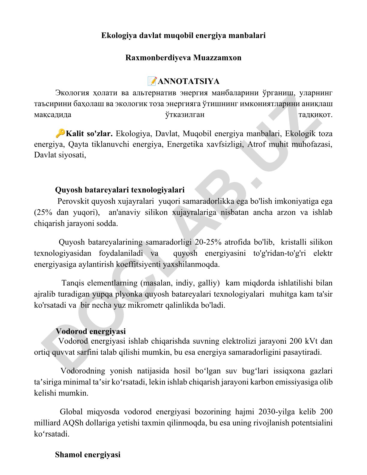 Ekologiya davlat muqobil energiya manbalari