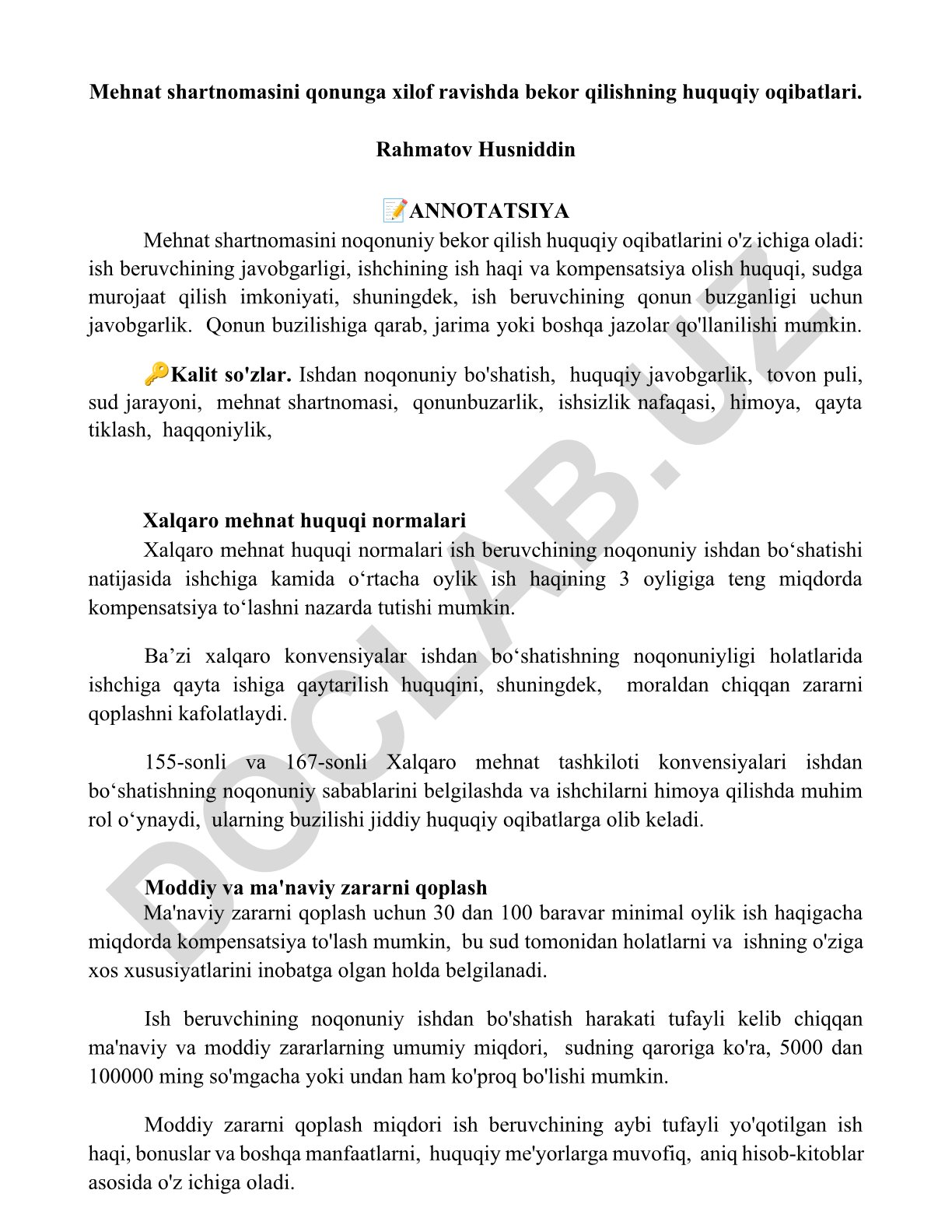 Mehnat shartnomasini noqonuniy bekor qilishning huquqiy oqibatlari