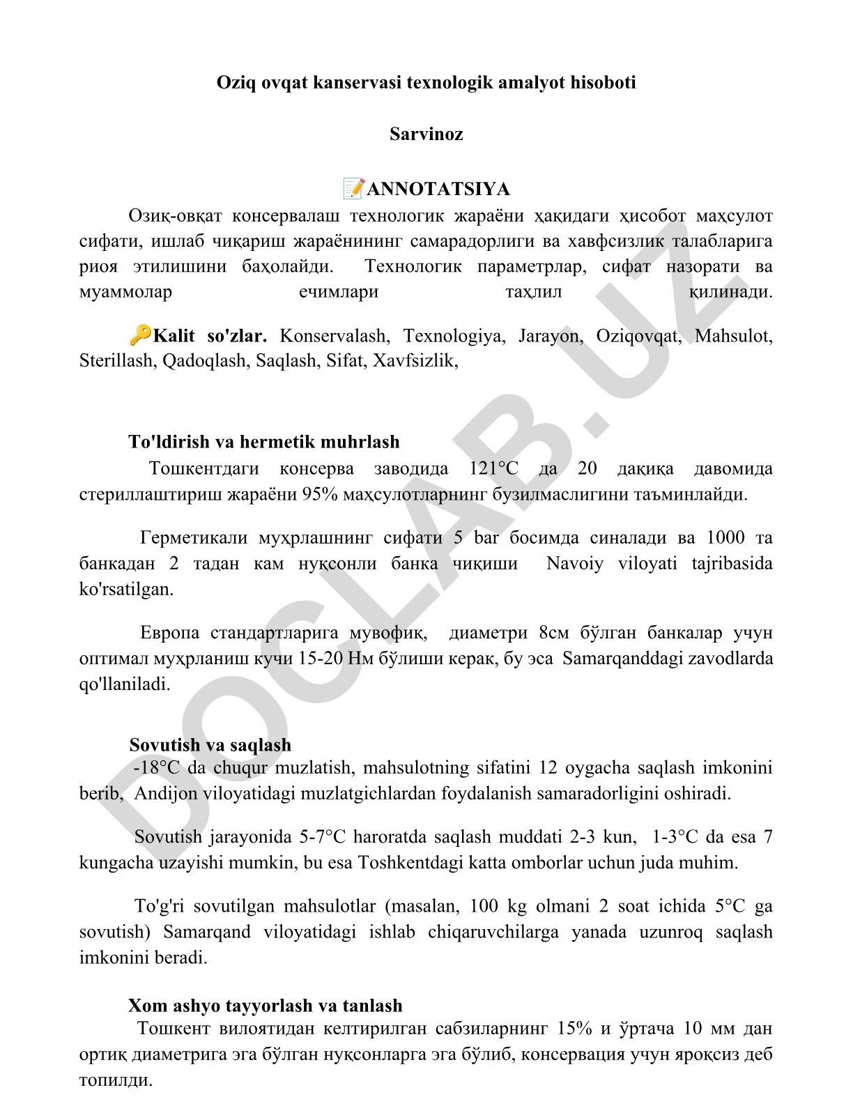 Oziq ovqat konservasi texnologik amaliyot hisoboti