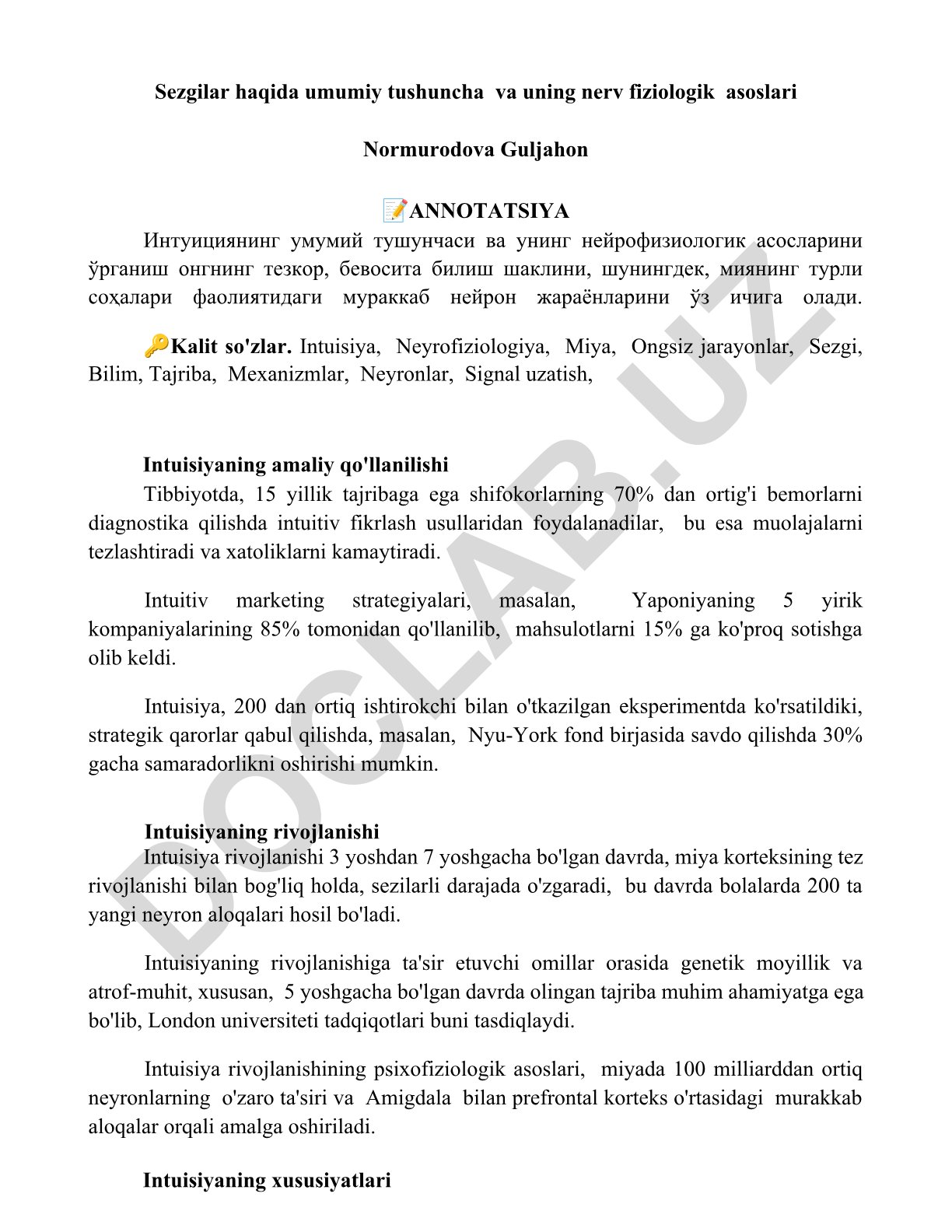 Sezgilar haqida umumiy tushuncha va uning nerv fiziologik asoslari