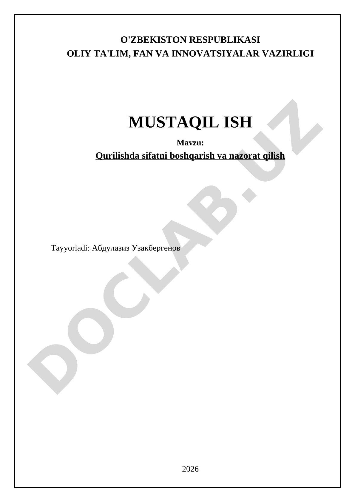 Qurilishda sifatni boshqarish va nazorat qilish