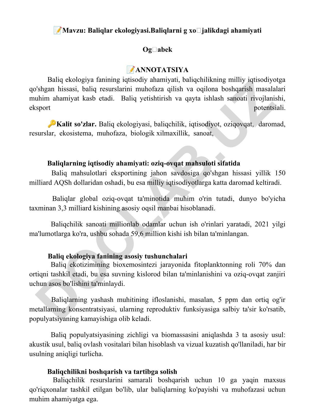 Baliqlar ekologiyasi va baliqchilikning iqtisodiy ahamiyati