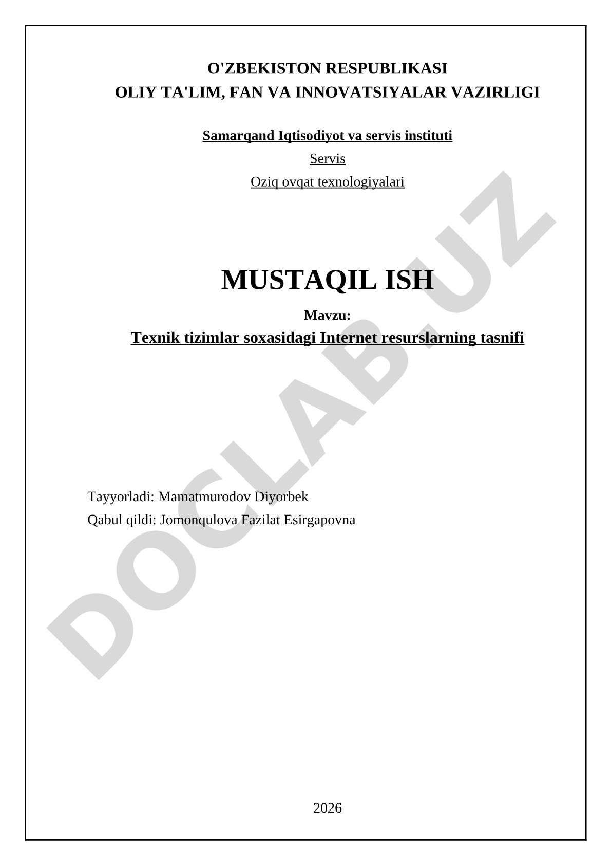 Texnik tizimlar sohasidagi Internet resurslarining tasnifi