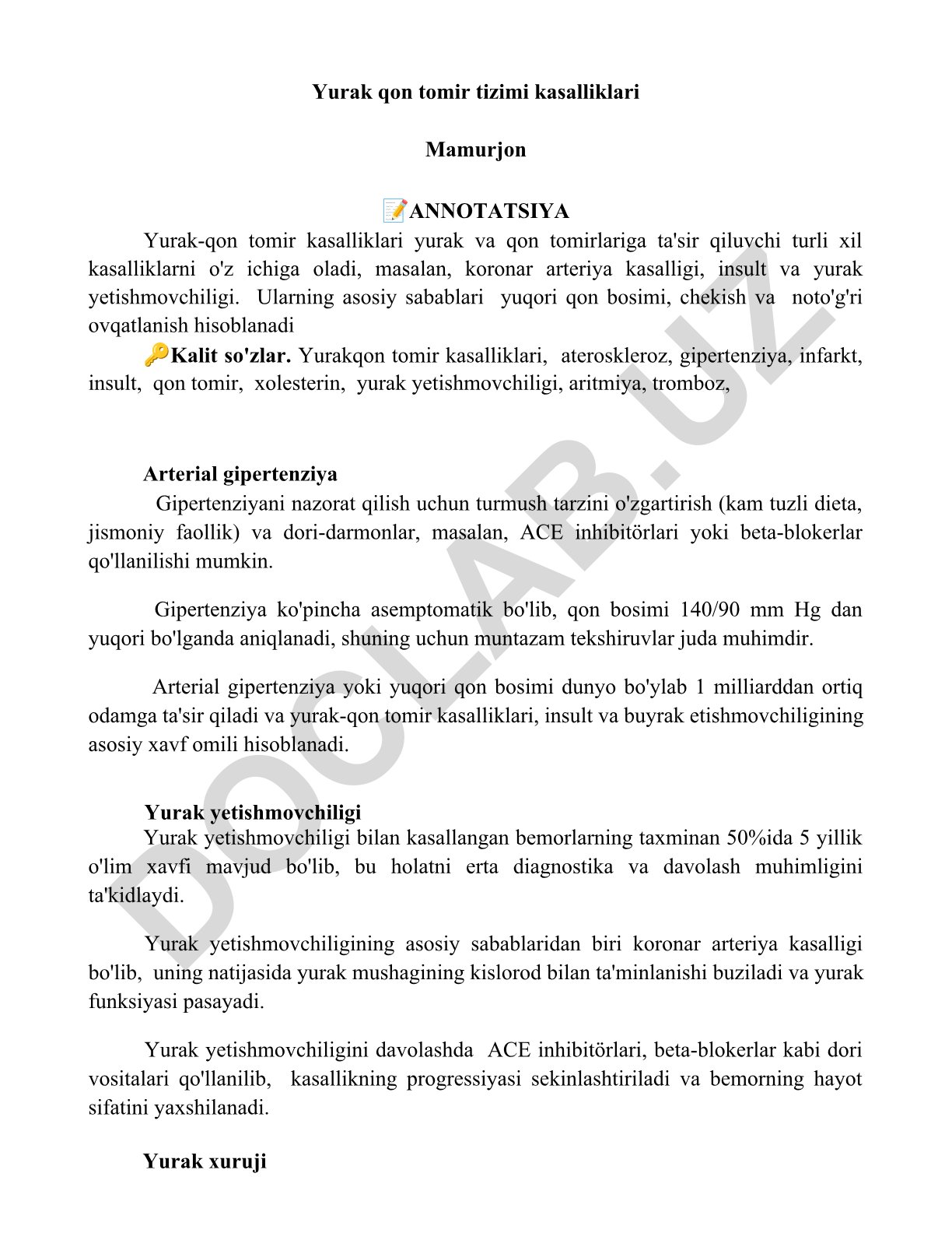 Yurak-qon tomir kasalliklari va ularning sabablari