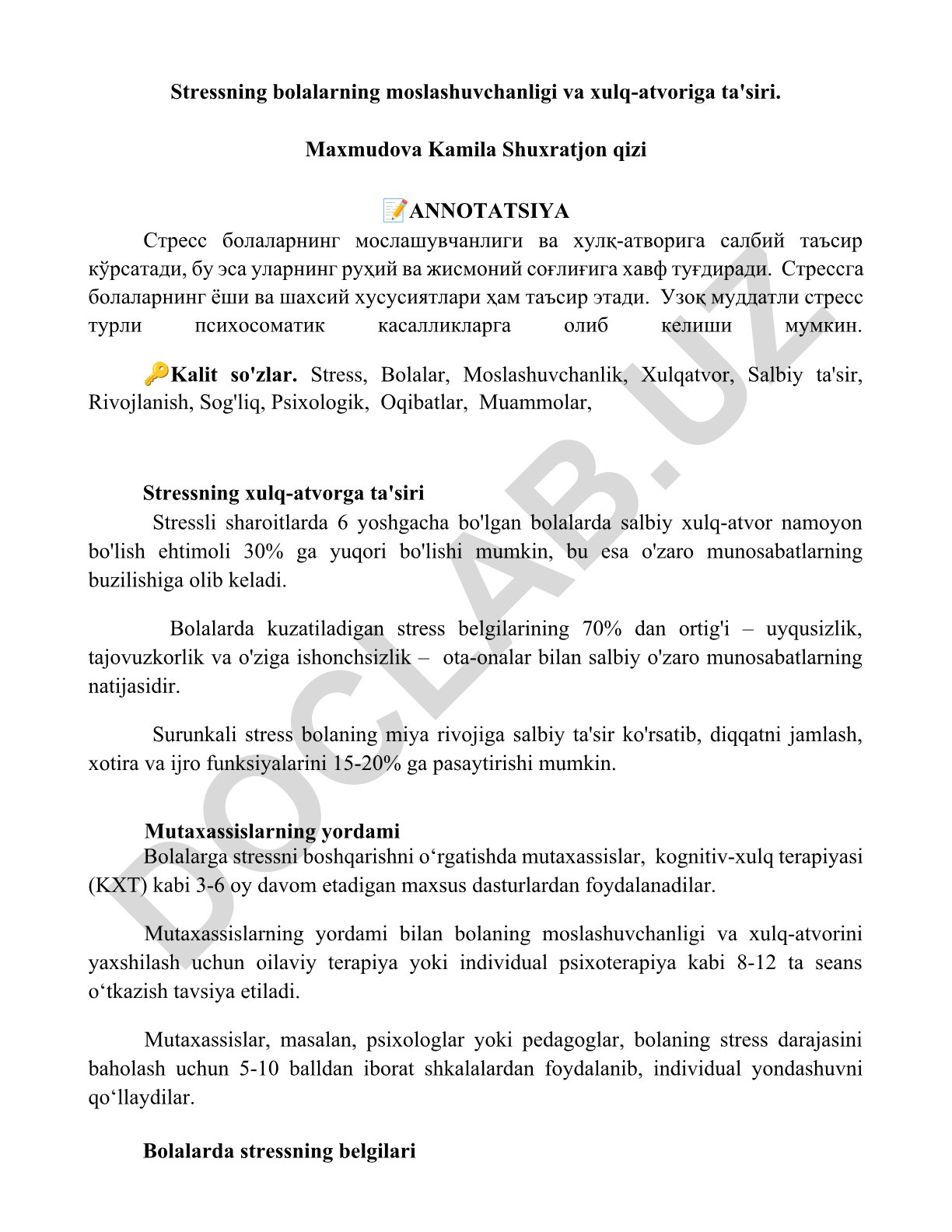 Stressning bolalarning moslashuvchanligi va xulq-atvoriga ta'siri