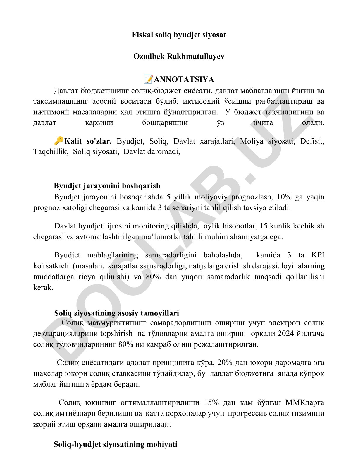 Davlat byudjetining soliq-byudjet siyosati va boshqarish