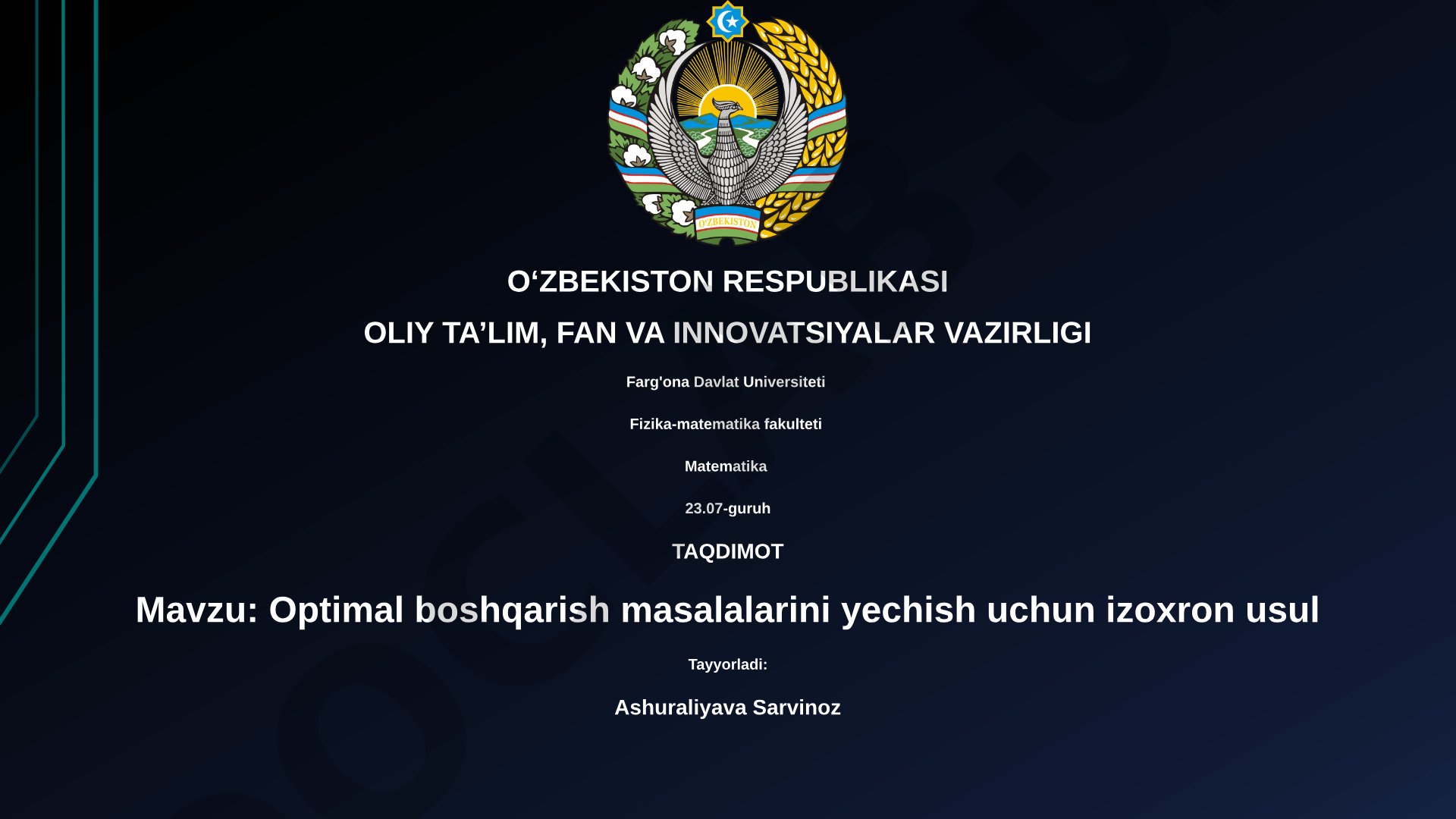 Optimal boshqarish masalalarini yechish uchun izoxron usul