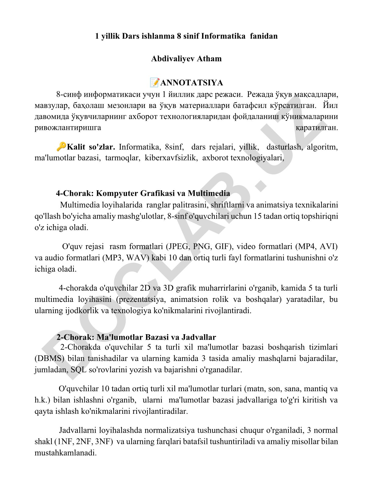 8-sinf informatika fanidan 1 yillik dars ishlanma