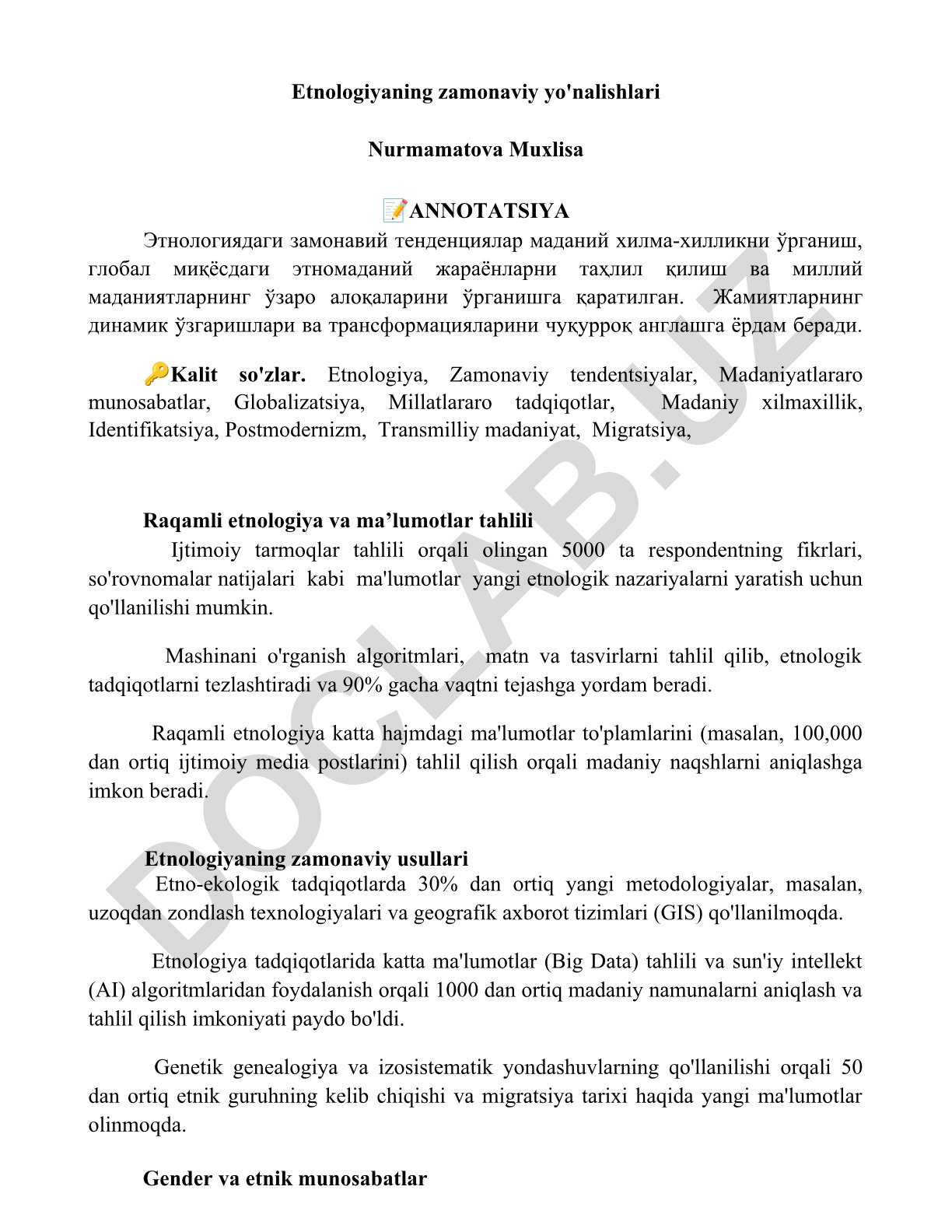 Etnologiyaning zamonaviy yo'nalishlari