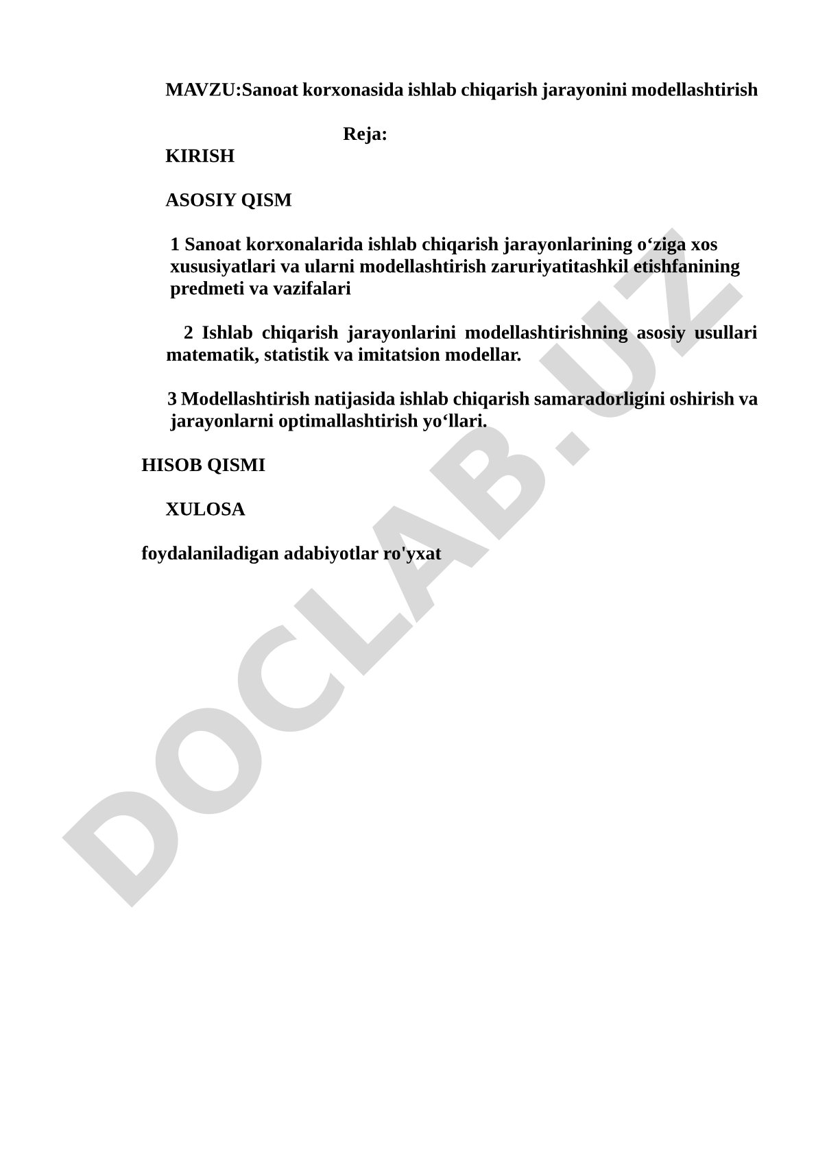 Sanoat korxonasida ishlab chiqarish jarayonini modellashtirish