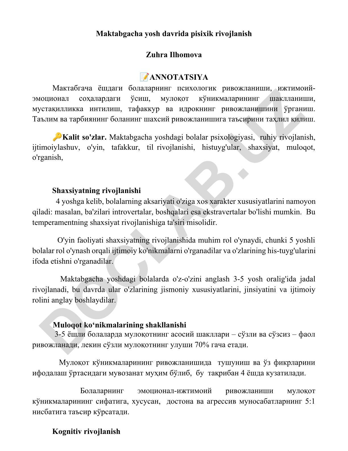 Maktabgacha yoshdagi bolalarning psixologik rivojlanishi