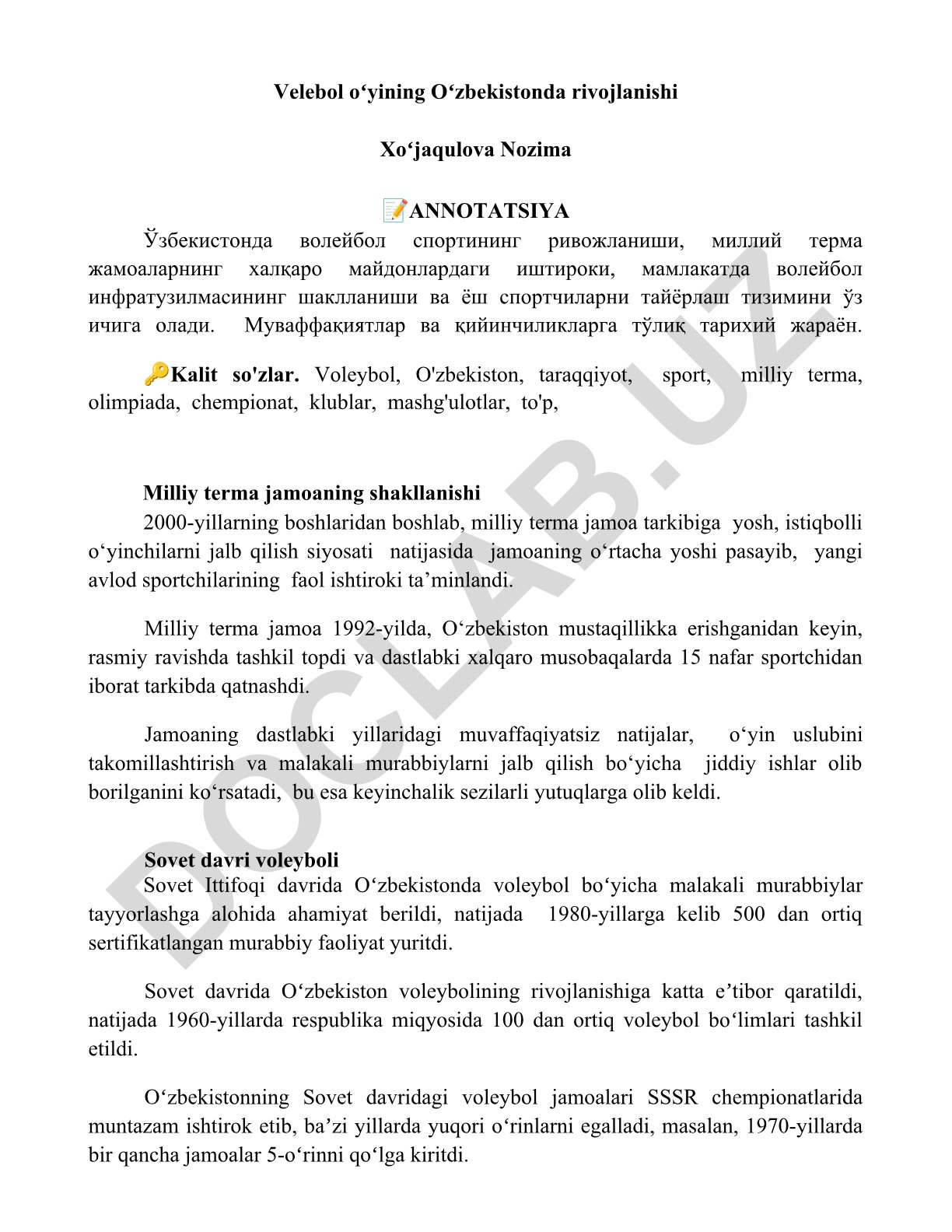 Velebol oʻyining Oʻzbekistonda rivojlanishi