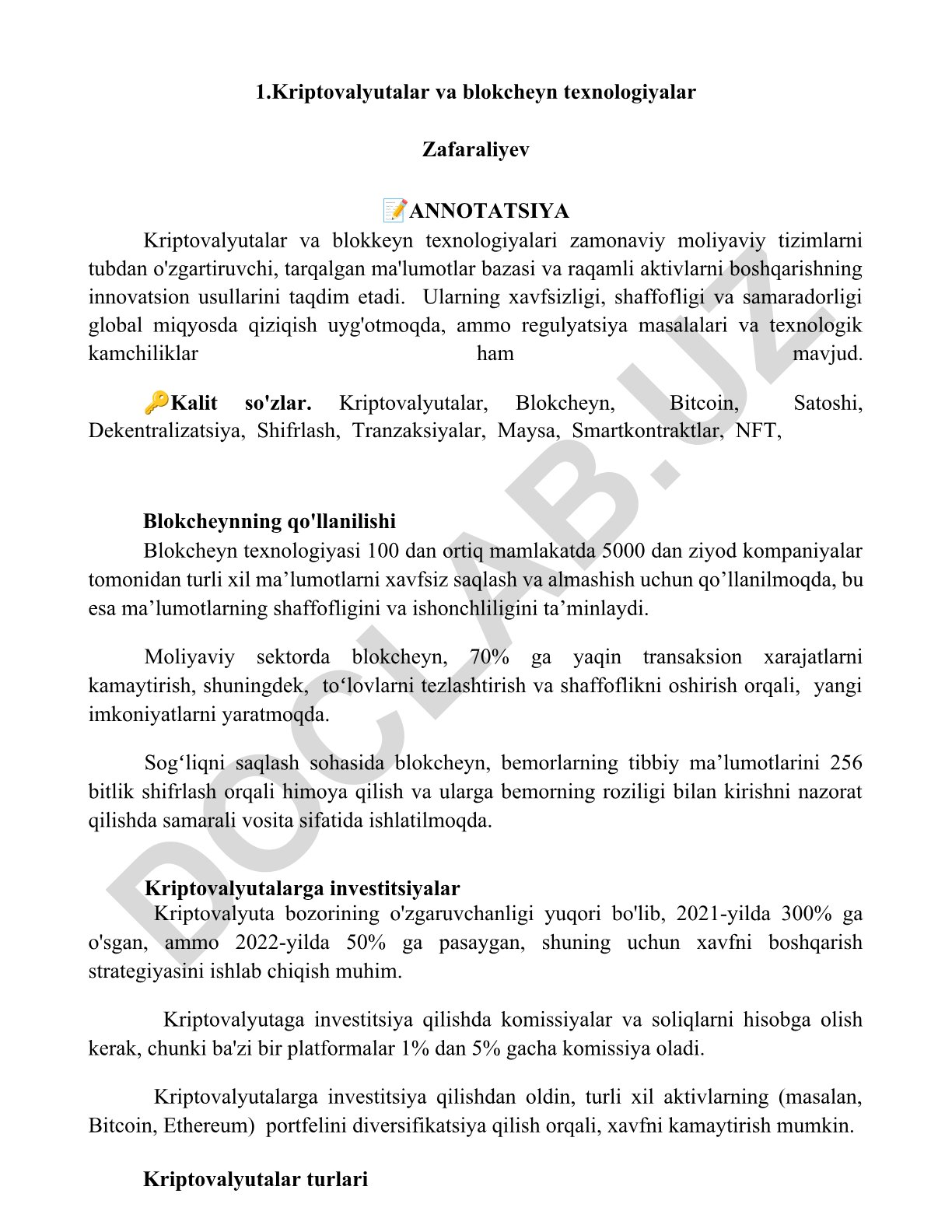 Kriptovalyutalar va blokcheyn texnologiyalar